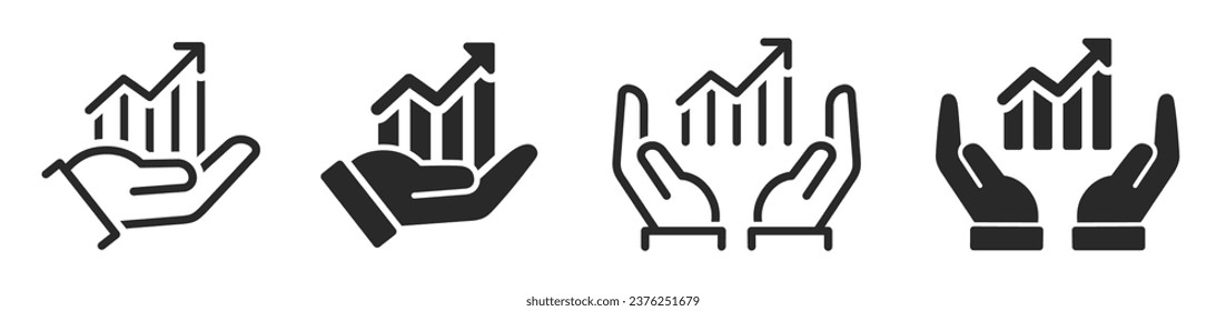 Juego de gráficos de crecimiento en iconos de la mano. Manos sujetando el gráfico con el icono de flecha. Icono de éxito. Gráfico de crecimiento empresarial. Estilo de subol de crecimiento de ganancia plana y de línea - vector de stock.