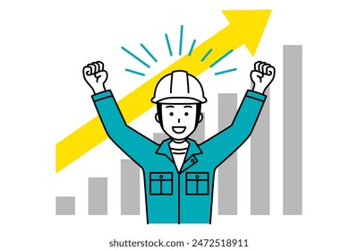 A growing graph and a happy male worker with both hands raised