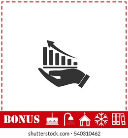 Growing graph holding by hand icon flat. Simple vector symbol and bonus icon