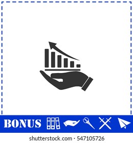 Growing graph holding by hand icon flat. Simple vector symbol and bonus icon