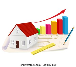 growing graph with house, ruler and pencil 