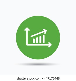 Growing graph icon. Business analytics chart symbol. Flat web button with icon on white background. Green round pressbutton with shadow. Vector