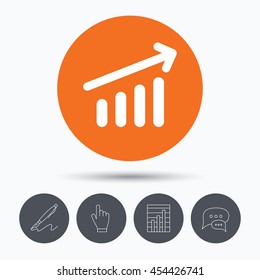 Growing graph icon. Business analytics chart symbol. Speech bubbles. Pen, hand click and chart. Orange circle button with icon. Vector