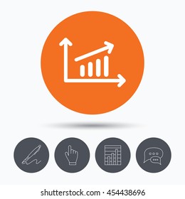 Growing graph icon. Business analytics chart symbol. Speech bubbles. Pen, hand click and chart. Orange circle button with icon. Vector