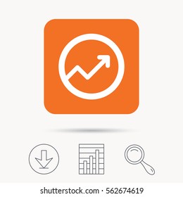 Growing graph icon. Business analytics chart symbol. Report chart, download and magnifier search signs. Orange square button with web icon. Vector