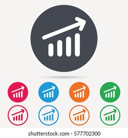 Growing graph icon. Business analytics chart symbol. Round circle buttons. Colored flat web icons. Vector