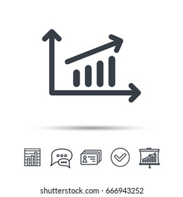 Growing graph icon. Business analytics chart symbol. Chat speech bubble, chart and presentation signs. Contacts and tick web icons. Vector