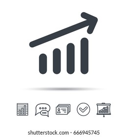 Growing graph icon. Business analytics chart symbol. Chat speech bubble, chart and presentation signs. Contacts and tick web icons. Vector
