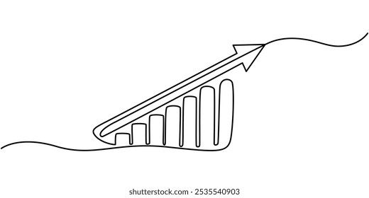 Gráfico crescente. Ícone para design. Facilmente editável, gráfico de seta mostrando tendência crescente desenho contínuo de uma linha, Gráfico de negócios, Giz de negócios, Construção em forma de gráfico