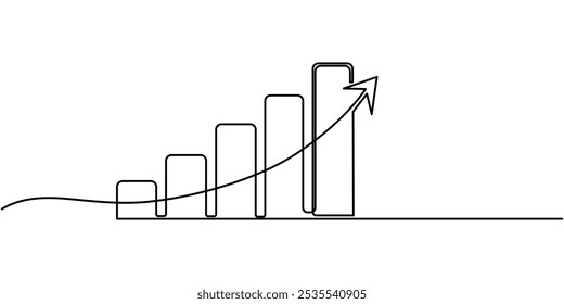 Gráfico crescente. Ícone para design. Facilmente editável, gráfico de seta mostrando tendência crescente desenho contínuo de uma linha, Gráfico de negócios, Giz de negócios, Construção em forma de gráfico