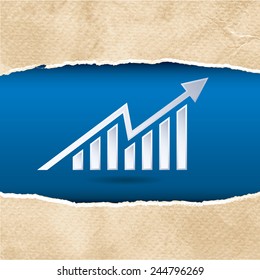 Growing graph icon in frame of ripped vintage paper texture. Vector illustration.