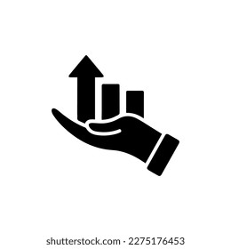 Growing graph icon on the hand. Vector growing graph icon on the hand. Two-tone version on black and white background. Data Analysis, Performance Review Line Icon.