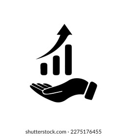 Growing graph icon on the hand. Vector growing graph icon on the hand. Two-tone version on black and white background. Data Analysis, Performance Review Line Icon.