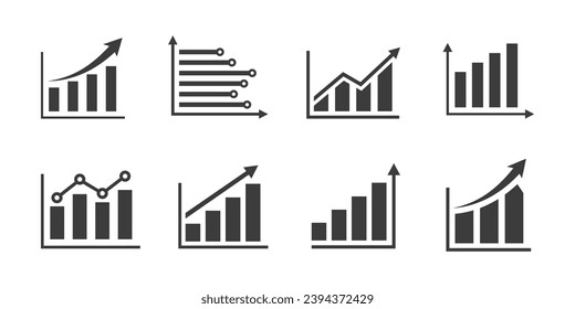 Juego de iconos de gráfico creciente. Conjunto de gráfico de barras en crecimiento. Gráfico de negocios con flecha. vector de colección de gráficos de crecimiento.
