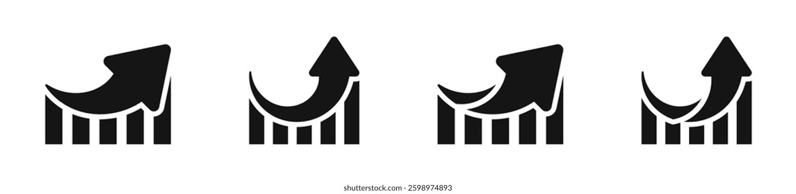 Growing graph icon set. Business graphs and charts icons. Statistics and analytics vector icons. Increase profit. Economic graphic growth arrow rising.