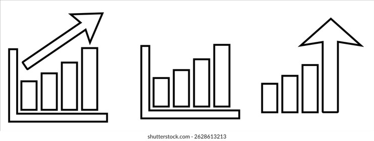 Conjunto de iconos de gráfico en crecimiento. Gráfico de negocios con símbolo de flecha. Signo de aumento de beneficios. Ilustración de la barra de progreso. Aumento del gráfico - Vector de acciones. EPS 10
