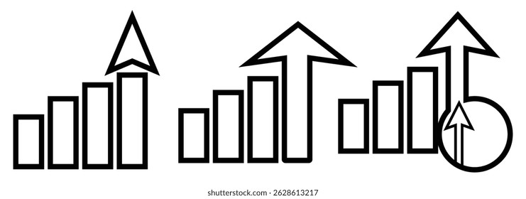 Conjunto de ícones de gráfico crescente. Gráfico de negócios com símbolo de seta. Sinal de lucro crescente. Ilustração da barra de progresso. Aumento do gráfico - vetor de ações. EPS 10