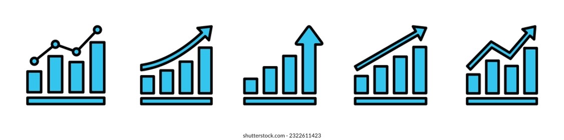 Growing graph icon set. Marketing or business chart with arrow. Profit growing, progress bar, growth success arrow, chart increase profit, bar diagram icons symbol. Vector illustration