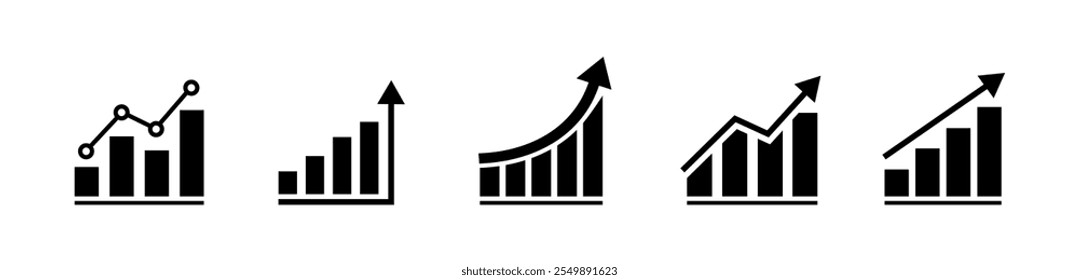 Ilustración vectorial de conjunto de iconos de gráficos en crecimiento, gráfico de éxito que tiende hacia arriba, conjunto de gráfico de barras en crecimiento. Gráfico de negocios con flecha. Colección de gráfico de crecimiento, barras de gráfico de gráfico de trading aisladas