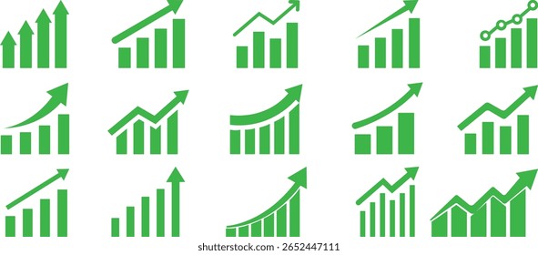 Growing Graph icon set.A dynamic illustration featuring a rising chart with arrow, business bar sign, and progress bar symbol, representing success and profit growth. Ideal for apps, websites.