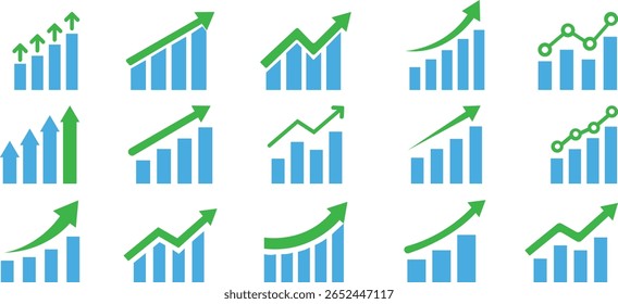 Conjunto de ícones de Gráfico em Crescimento.Uma ilustração dinâmica com um gráfico em ascensão com seta, sinal de barra de negócios e símbolo de barra de progresso, representando o sucesso e o crescimento dos lucros. Ideal para aplicativos, sites.