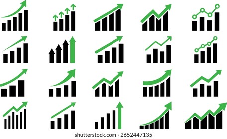 Growing Graph icon set.A dynamic illustration featuring a rising chart with arrow, business bar sign, and progress bar symbol, representing success and profit growth. Ideal for apps, websites.