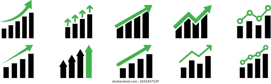 Growing Graph icon set.A dynamic illustration featuring a rising chart with arrow, business bar sign, and progress bar symbol, representing success and profit growth. Ideal for apps, websites.