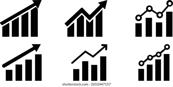 Growing Graph icon set.A dynamic illustration featuring a rising chart with arrow, business bar sign, and progress bar symbol, representing success and profit growth. Ideal for apps, websites.