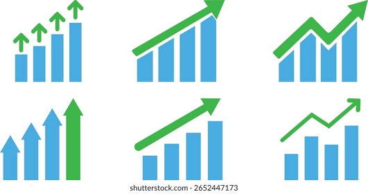 Conjunto de ícones de Gráfico em Crescimento.Uma ilustração dinâmica com um gráfico em ascensão com seta, sinal de barra de negócios e símbolo de barra de progresso, representando o sucesso e o crescimento dos lucros. Ideal para aplicativos, sites.