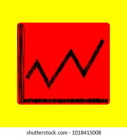 Growing graph icon. Vector. Black scribble icon in red container with rounded corners at yellow background. Isolated.