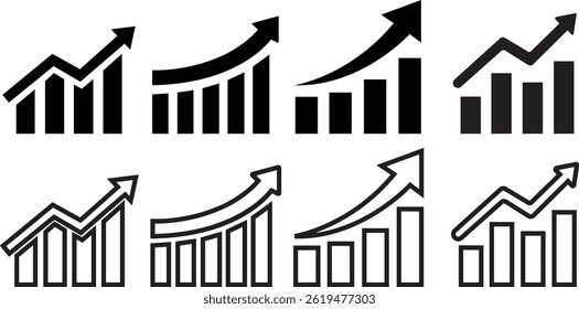 Growing graph icons set flat, outline styles. Business chart with arrow, Growths chart, Profit growing, Growth success. Chart increase black symbol for app, website isolated on transparent background.
