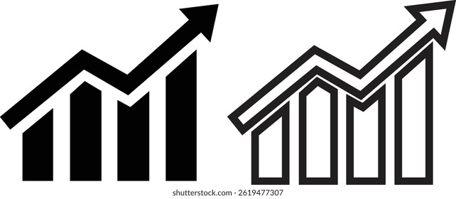 Growing graph icons set flat, outline styles. Business chart with arrow, Growths chart, Profit growing, Growth success. Chart increase black symbol for app, website isolated on transparent background.