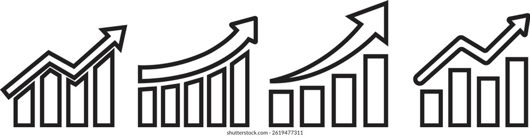 Growing graph icons set outline styles. Business chart with arrow, Growths chart, Profit growing, Growth success. Chart increase black symbols for apps and website isolated on transparent background.