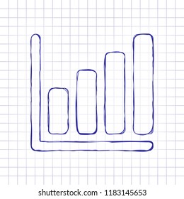 Growing graph line icon. Hand drawn picture on paper sheet. Blue ink, outline sketch style. Doodle on checkered background