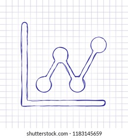 Growing graph line icon. Hand drawn picture on paper sheet. Blue ink, outline sketch style. Doodle on checkered background