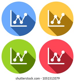 Growing graph line icon. Set of white icons with long shadow on blue, orange, green and red colored circles. Sticker style