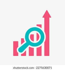 Growing graph with magnifying glass. Chart columns, highest one ends with up arrow. A magnifying glass superimposed on the graph symbolizes data analysis for business growth. SEO optimization concept