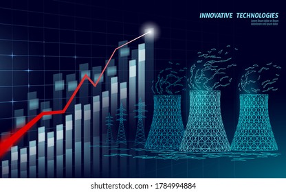 Growing graph nuclear power station cooling tower low poly. 3d render ecology pollution save planet environment concept triangle polygonal. Radioactive nuclear reactor electricity vector illustration