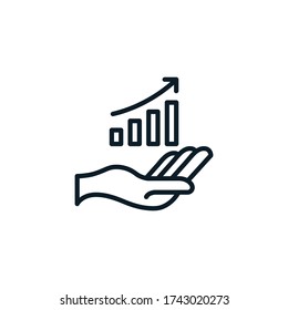 Growing graph on hand outline icons. Vector illustration. Editable stroke. Isolated icon suitable for web, infographics, interface and apps.