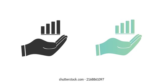 Growing graph on hand vector icon in modern flat design isolated on white background in two different styles. Growth concept icon vector eps10.