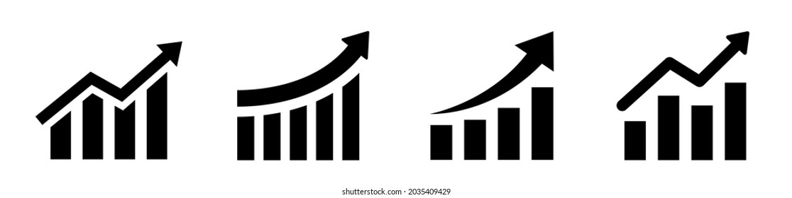 Growing graph set. Business chart with arrow. Growths chart collection. Profit growing sumbol. Progress bar. Bar diagram. Growth success arrow icon. Progress symbol. Chart increase flat style - stock 