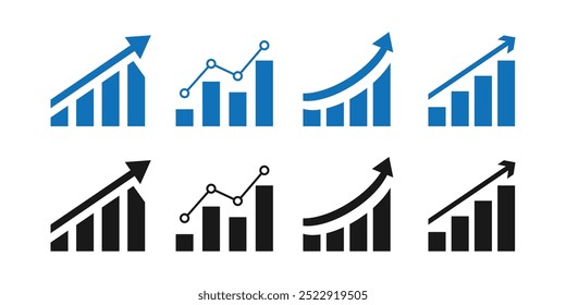 Conjunto de gráficos crescente. Gráfico de negócios com seta. Cresce a coleção de gráficos. Símbolo de crescimento lucrativo. Barra de progresso. Diagrama de barras. Ícone de seta de sucesso de crescimento. Gráfico Crescente.