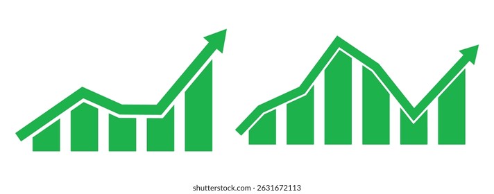 Growing graph set. Business chart with arrow. Growths chart collection. Profit growing symbol. Progress bar. Growing bar chart icon vector. success graph trending upwards flat design. Green success .