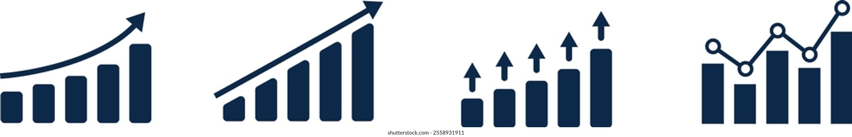 Growing graph set: Collection of business charts with arrows, including bar diagrams, progress bars, profit growth symbols, and success indicators. Stock vector design.