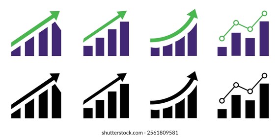 Growing graph set in different style. Business chart with arrow icon. Growth chart set. Profit growing symbols. Progress bar. Growth success arrow icon. Growing chart presentation. Growths chart.