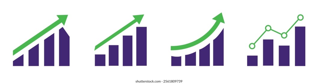 Growing graph set in different style. Business chart with arrow icon. Growth chart set. Profit growing symbols. Progress bar. Growth success arrow icon. Growing chart presentation. Growths chart.