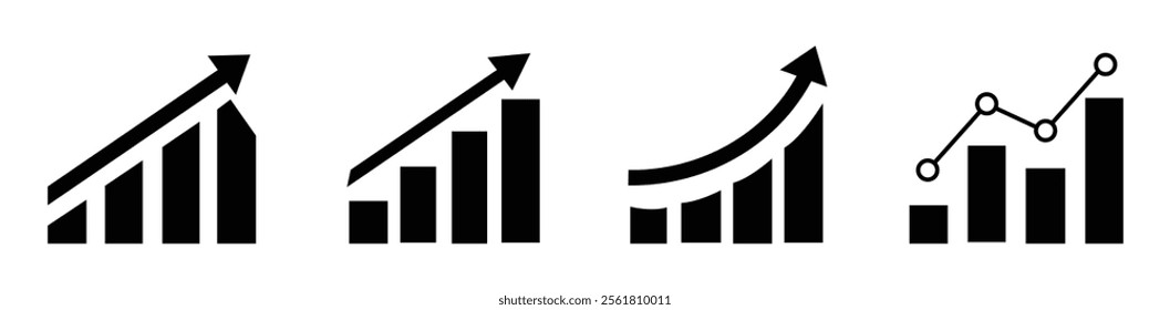 Growing graph set in different style. Business chart with arrow icon. Growth chart set. Profit growing symbols. Progress bar. Growth success arrow icon. Growing chart presentation. Growths chart.