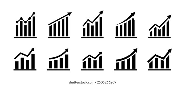 Conjunto de gráficos en crecimiento. Icono de flecha de éxito de crecimiento. Conjunto de iconos de gráfico en crecimiento. Icono de gráfico de crecimiento. Gráfico de barras en crecimiento. Ilustración vectorial.