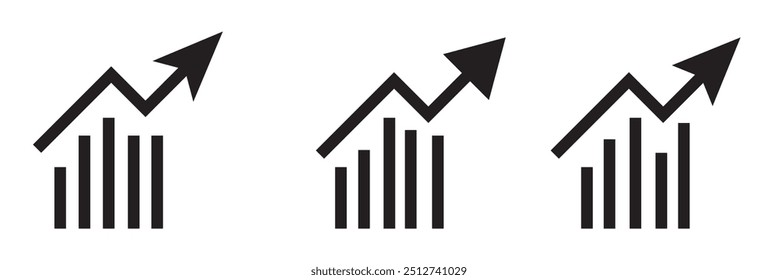 Conjunto de gráficos crescente. Ícone de seta de sucesso de crescimento. Conjunto de ícones de gráfico crescente. Ícone do gráfico de crescimento. Gráfico de barras em crescimento. Ilustração vetorial.