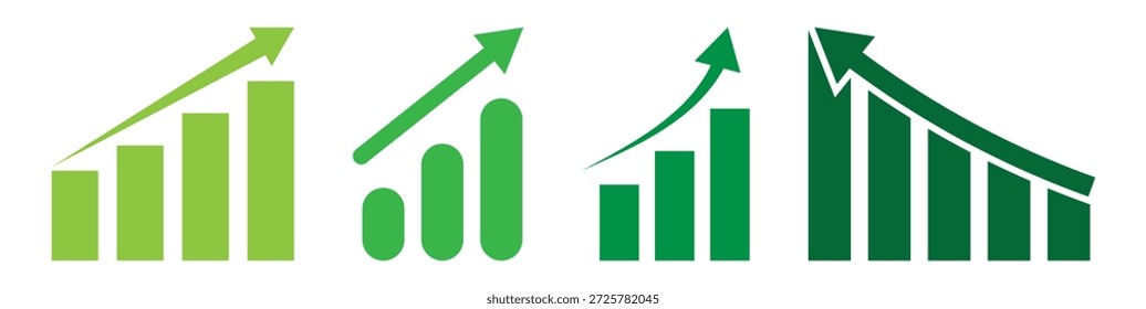 Conjunto de gráficos crescente. Ícone de seta de sucesso de crescimento. Conjunto de ícones de gráfico crescente. Ícone do gráfico de crescimento. Gráfico de barras em crescimento. Ilustração vetorial.